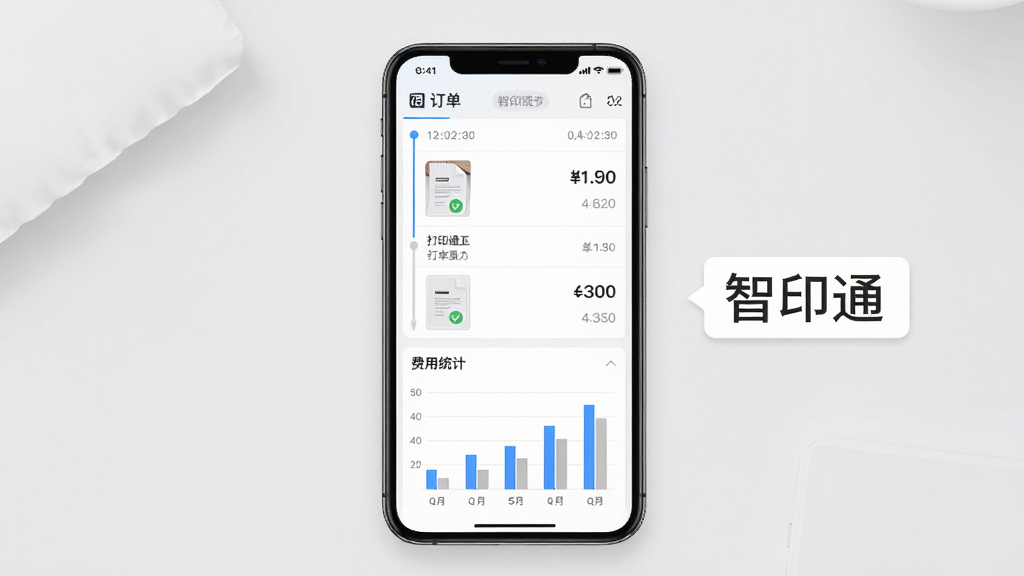 一张展示智印通打印记录与费用明细页面的手机截图风格图,画面中央是一部手机,屏幕显示订单列表和费用统计图表,手机旁边有