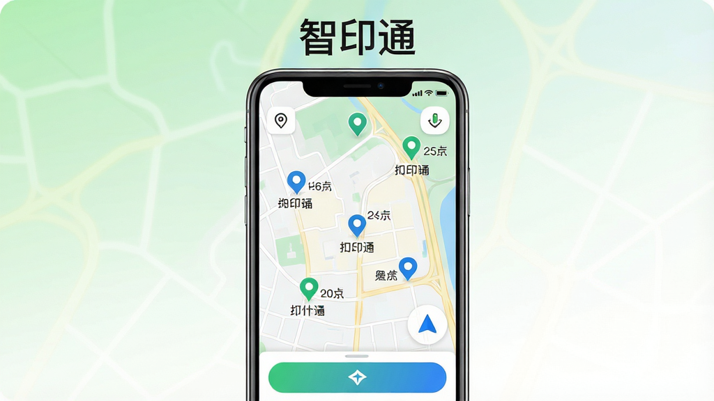 一张展示智印通附近打印终端地图导航功能的界面图,画面中央是一部手机,屏幕显示地图界面和多个打印终端标记点,手机上方有