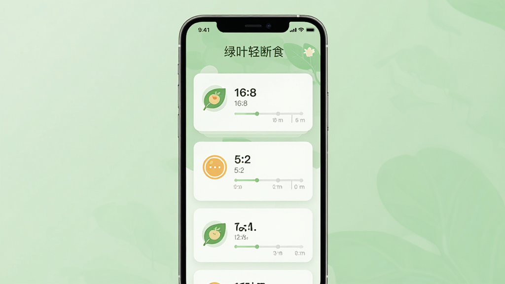 一款名为“绿叶轻断食”的手机应用界面,画面中展示多种断食方案选项卡片,包括16:8、5:2等模式,每张卡片配有简洁图标和时间轴示意,背景为柔和绿色调,整体布局清晰,风格现代简约,画质干净,文字清晰显示“绿叶轻断食”