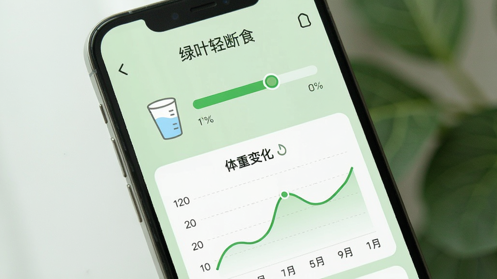 手机屏幕展示绿叶轻断食应用的饮水与体重记录页面,上方是水杯图标和进度条,下方是体重变化折线图,背景为浅绿色,界面清爽,文字标注“绿叶轻断食”,画质清晰无多余元素