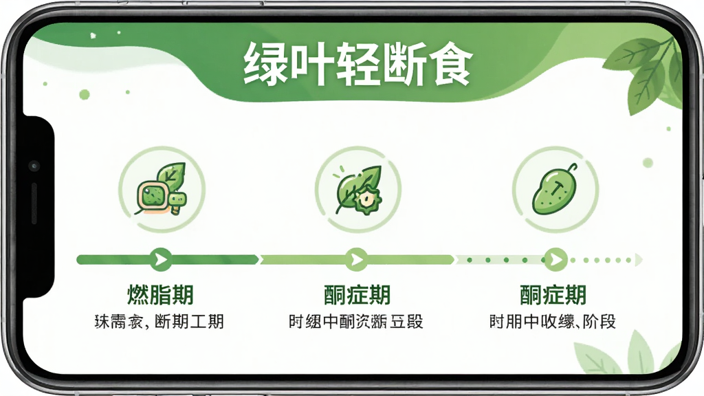 绿叶轻断食应用内断食阶段科普页面,画面以时间轴形式展示燃脂期、酮症期等阶段,每个阶段配有图标和简要文字说明,背景为白色与绿色搭配,风格清新,文字显示“绿叶轻断食”,画质干净清晰