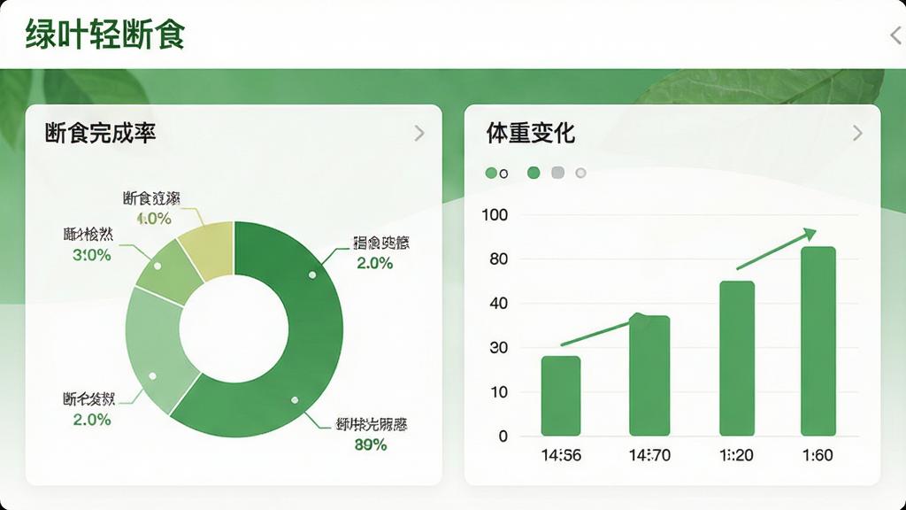 绿叶轻断食应用数据统计页面,展示周报图表,包括断食完成率饼图、体重变化柱状图等,界面简洁,配色以绿色和白色为主,文字清晰显示“绿叶轻断食”,画质干净,无多余装饰