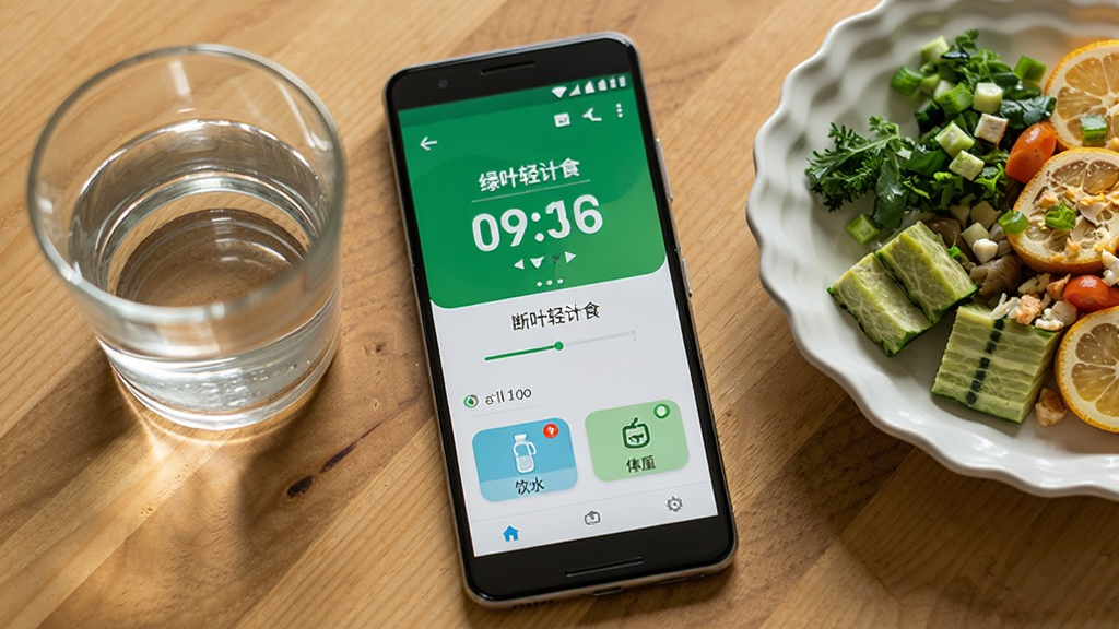 一部安卓手机展示绿叶轻断食应用运行界面,屏幕上方显示断食倒计时,下方有饮水与体重快捷入口,手机旁放置一杯水和一份健康餐,背景为木质桌面,风格生活化,画质清晰,文字显示“绿叶轻断食”