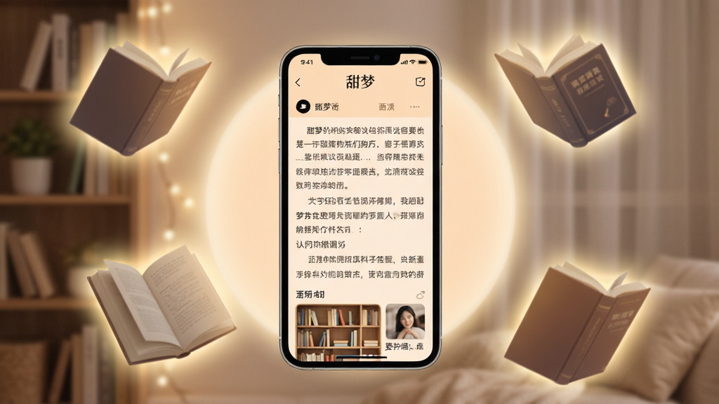 一张展示手机阅读软件界面的图片,画面中央是一部智能手机,屏幕上显示着'甜梦'软件的阅读界面,有整齐的文字排版和柔和护眼背景色,手机周围环绕着几本悬浮的书籍和柔和的光晕,布局简洁,风格温馨舒适,细节上体现夜间模式和书架元素,画质清晰,干净,无多余元素