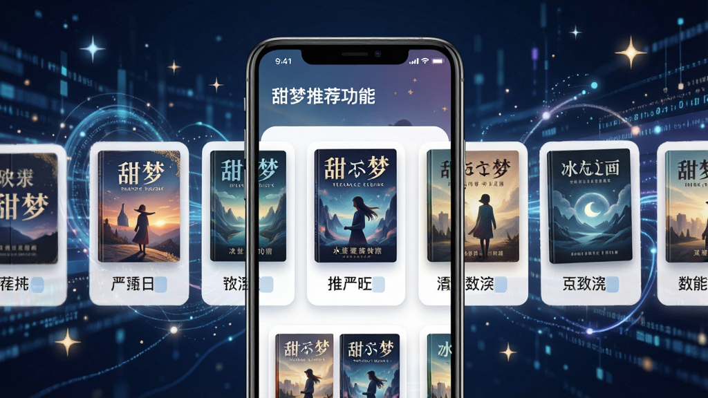一张展示'甜梦'软件智能推荐功能的图片,画面中心是手机屏幕,屏幕上以卡片流形式展示多本推荐书籍封面,每本书下方有简短标签,背景是抽象的数据流与星光,体现AI智能匹配,布局清晰,风格科技感与文艺感结合,细节上体现书籍封面精美,画质清晰,干净,无多余元素