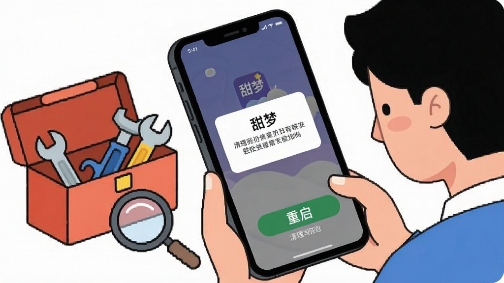 一张展示手机阅读软件故障排查场景的图片,画面中手机屏幕显示'甜梦'应用出现闪退提示框,旁边有卡通风格的工具箱和放大镜,一位用户正拿着手机查看,布局紧凑,风格扁平化插画,细节上体现清理缓存和重启按钮,画质清晰,干净,无多余元素