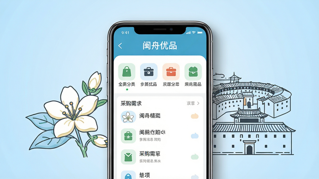 画面中央放置一部智能手机,手机屏幕内显示“闽舟优品”应用主界面,界面包含商品分类图标与采购需求列表。手机两侧环绕福建地域特色的简约线条插画,如茉莉花、土楼轮廓。背景为浅蓝色渐变,布局采用居中对称构图。风格为扁平化科技商务风,细节上手机边缘带有轻微阴影,界面文字清晰可辨。画质为2K高清,干净无多余元素。