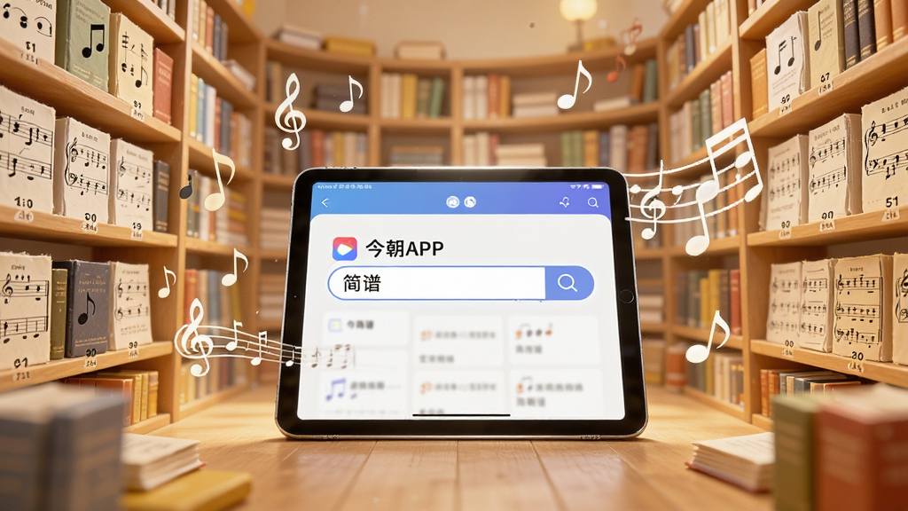 一个巨大的虚拟图书馆场景,书架上摆满了标注着简谱的乐谱书籍,中央有一台平板电脑显示着今朝APP的搜索界面,搜索框内写着“简谱”,周围漂浮着音符和乐谱符号,风格温馨明亮,细节丰富,画质高清,干净无多余元素