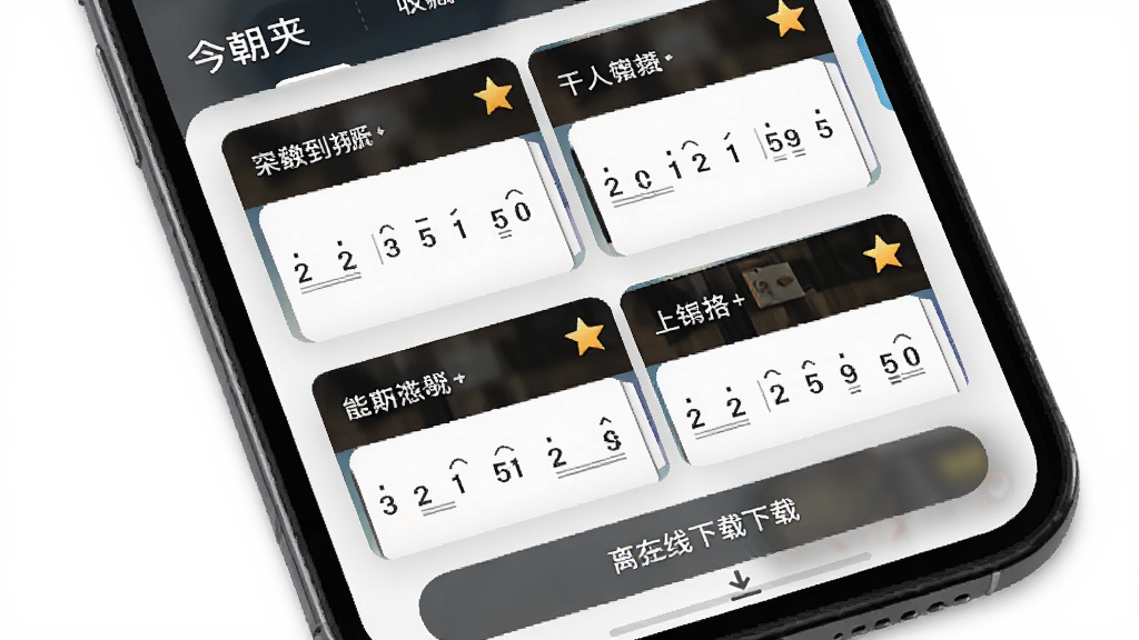 手机屏幕显示今朝APP的收藏夹页面,页面中排列着多个简谱卡片,每个卡片上有歌曲名称和简谱缩略图,右上角有星标图标,屏幕下方有离线下载按钮,整体布局清晰,风格简洁,细节丰富,画质高清,干净无多余元素