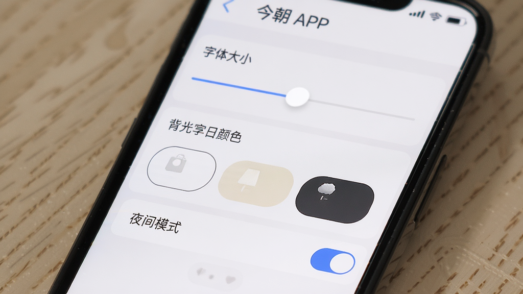 手机屏幕展示今朝APP的设置界面,界面中有字体大小调节滑块、背景颜色切换选项(白色、米色、深色),以及夜间模式开关,整体设计简洁直观,风格清新,细节清晰,画质高清,干净无多余元素