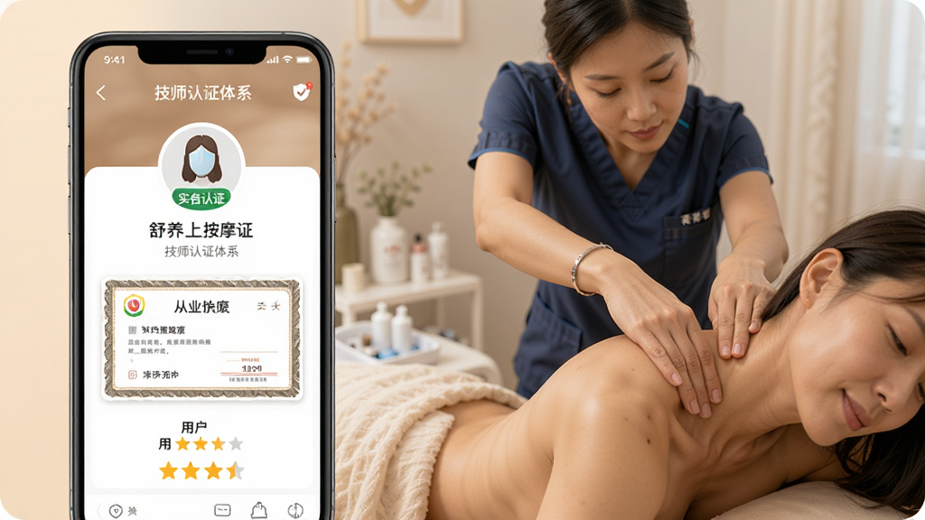 һ��չʾ�������Ű�Ħ������ʦ��֤��ϵ��˵��ͼ������������ֻ���Ļ��ʾ��ʦ������ҳ������ʵ����֤��ʶ����ҵ֤����û����֣��Ҳ��Ǽ�ʦ����Ϊ�˿ͽ��м羱��Ħ�ĳ�����������רҵдʵ��ɫ����ů��ͣ������������ɾ����޶���Ԫ��
