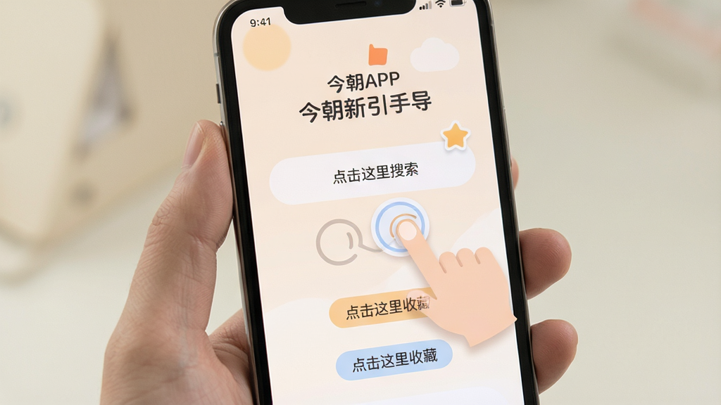 手机屏幕显示今朝APP的新手引导页面,页面中有手指点击的动画示意,标注着“点击这里搜索”“点击这里收藏”等提示标签,背景为柔和的浅色,风格友好亲切,细节清晰,画质高清,干净无多余元素