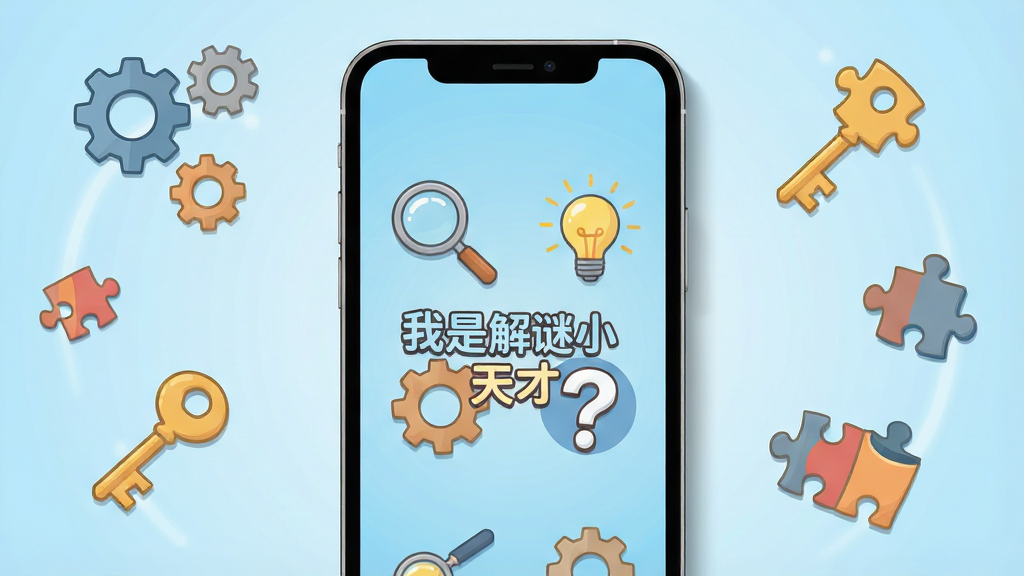 画面中央放置一部智能手机,手机屏幕上显示“我是解谜小天才”游戏主界面,界面中有放大镜、灯泡、问号等解谜元素图标,背景为淡蓝色渐变,周围环绕漂浮的齿轮、钥匙、拼图块等装饰物,整体布局简洁明快,风格为扁平化卡通,细节上手机边缘有轻微阴影,画质高清干净无多余元素