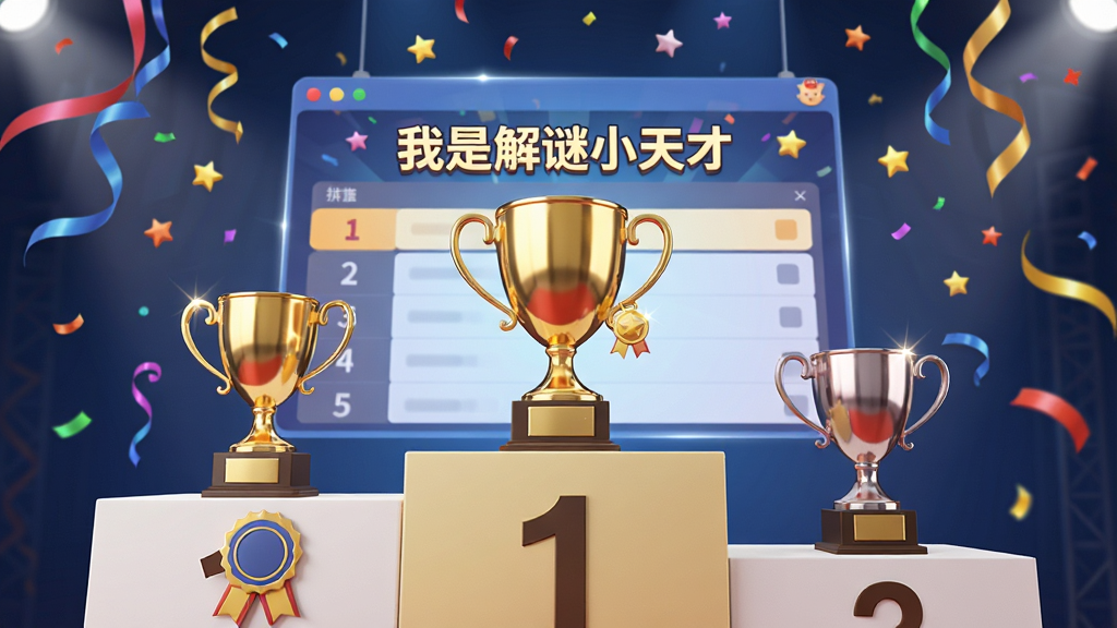 画面中央为一座领奖台,领奖台上放置着金色奖杯和徽章,领奖台后方悬浮着排行榜界面,界面中显示“我是解谜小天才”字样,周围有彩带和星星飘落,布局采用仰视角度,风格为庆典风格,细节上奖杯有金属反光,画质高清干净无多余元素