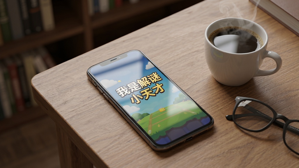 画面主体为一部手机放置在木质桌面上,手机屏幕显示“我是解谜小天才”游戏界面,手机旁边有一杯热咖啡和一副眼镜,背景为安静的书房环境,布局采用俯视角度,风格为写实清新,细节上手机屏幕有轻微反光,画质高清干净无多余元素
