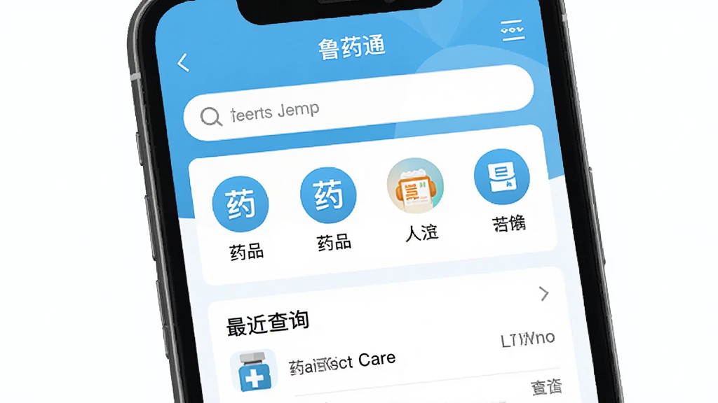 手机屏幕中央展示鲁药通应用主界面,界面顶部为搜索框,下方排列药品分类图标与最近查询记录,背景为干净的白色与浅蓝色调,整体采用扁平化UI风格,画面清晰明亮,细节精致,画质高清,无多余元素干扰