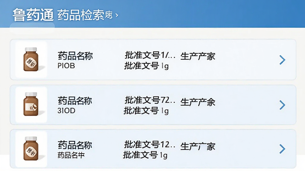 鲁药通药品检索功能界面截图,画面中央为搜索结果列表,每条结果展示药品名称、批准文号与生产厂家,左侧有药品图标,右侧有详情箭头,整体布局清晰,采用浅色背景与蓝色高亮,风格简洁商务,画质干净,无多余装饰元素