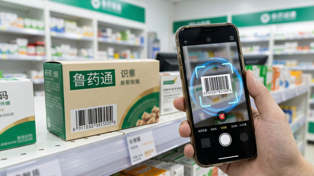 鲁药通扫码识别功能使用场景图,手机摄像头对准药品包装盒上的条形码,屏幕显示识别中的动态效果,背景为药店货架,整体风格写实清晰,光线明亮,画质细腻,无多余元素,突出扫码操作的便捷性