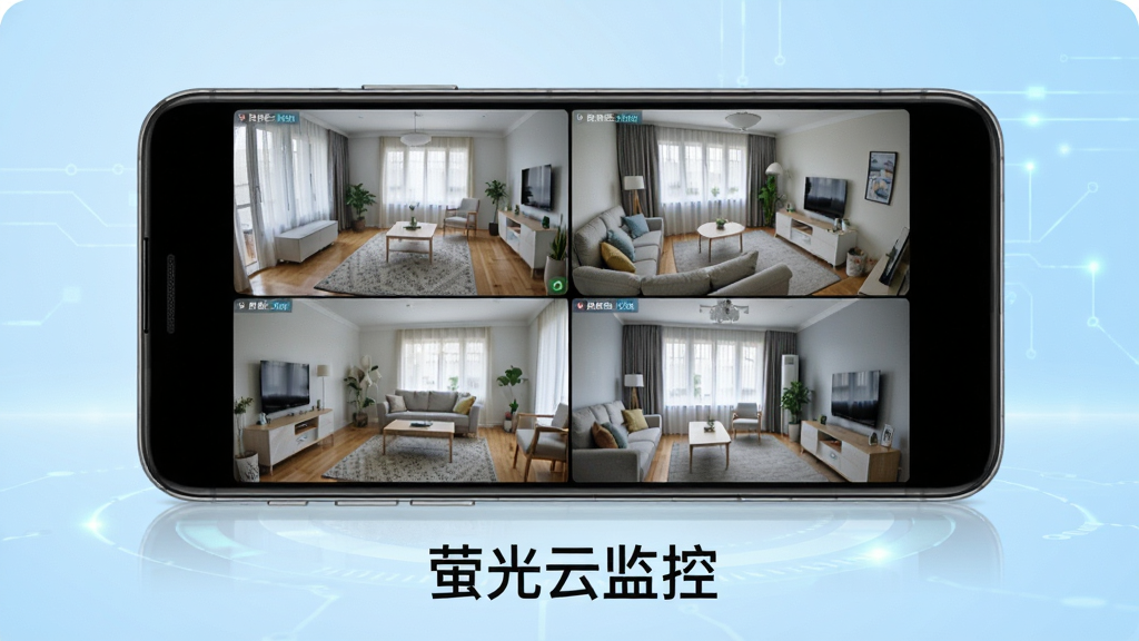 萤光云监控软件主界面展示图,画面中央放置一部安卓手机,手机屏幕上显示四个监控画面网格布局,每个画面中有不同房间的实时视频,画面清晰,手机下方有“萤光云监控”文字标识,背景为浅蓝色渐变科技风格,干净整洁无多余元素,高清画质