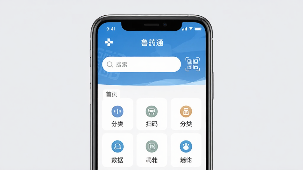 鲁药通移动端操作界面示意图,画面展示手机屏幕中软件首页布局,搜索框、扫码按钮、分类图标排列有序,背景为浅灰色,整体风格简约清爽,画质清晰,无多余元素,突出界面易用性
