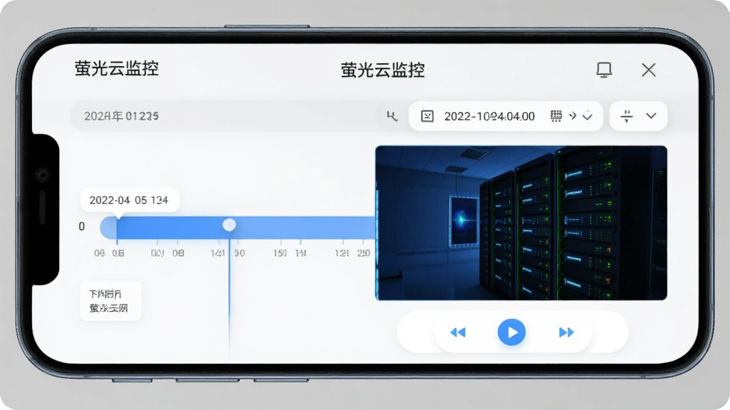 萤光云监控云端录像回放功能界面,手机屏幕显示时间轴和视频回放画面,画面中有日期选择器和播放控制按钮,屏幕上方有“萤光云监控”字样,整体风格简洁现代,浅灰色背景,高清画质,无多余装饰元素