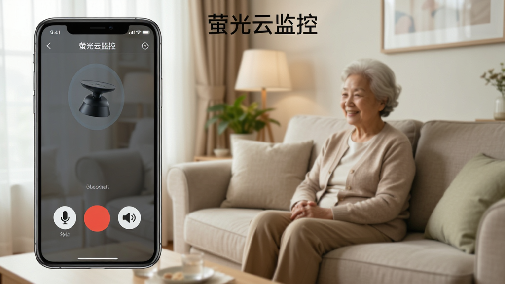 萤光云监控双向语音对讲功能展示,手机屏幕显示通话界面,有麦克风和扬声器图标,背景为家庭客厅监控画面,画面中有一位老人坐在沙发上,手机上方有“萤光云监控”文字,风格温馨自然,高清画质,干净无多余元素