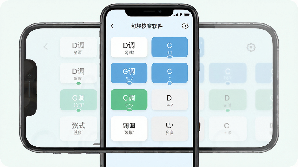 主体为二胡校音器软件的多模式调音界面,手机屏幕显示多个调式选项按钮,如D调、G调、C调等;布局为手机正面展示,屏幕内容清晰可见;排版整齐,按钮排列有序;风格为清新扁平化UI风格,浅色背景;细节包含调式标签、选中高亮状态、弦序指示;画质清晰,干净,无多余元素。