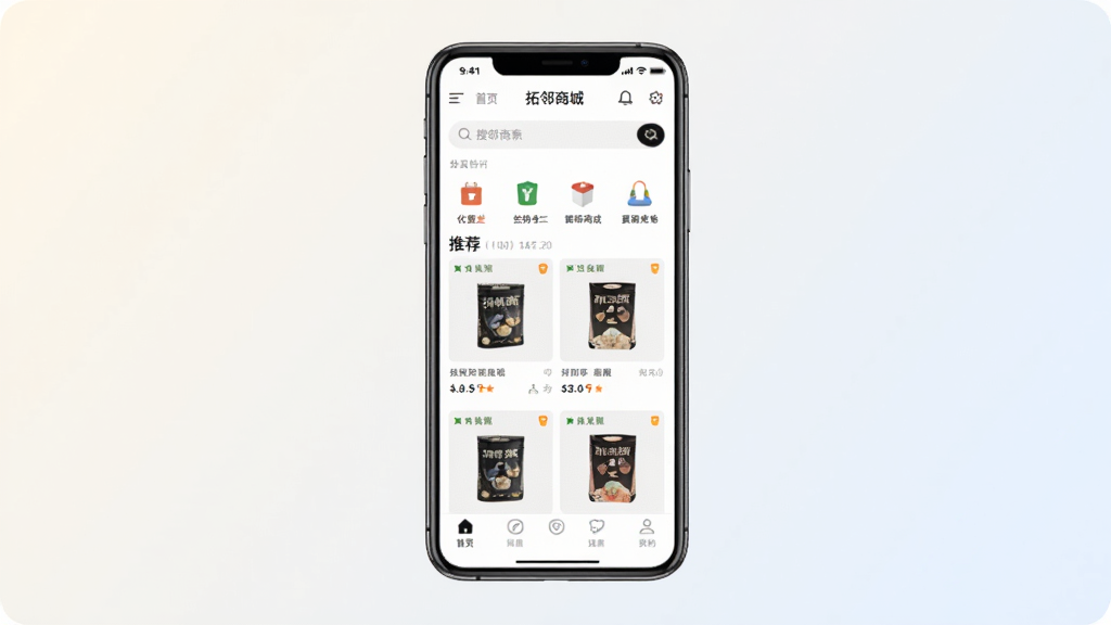 一张展示“拓邻商城”手机应用界面的图片,主体是一部智能手机,屏幕显示商城首页,包含搜索栏、商品分类图标和推荐商品列表,布局为居中展示手机,背景为浅色渐变,风格简洁现代,细节包含商品缩略图和底部导航栏,画质清晰,干净,无多余元素