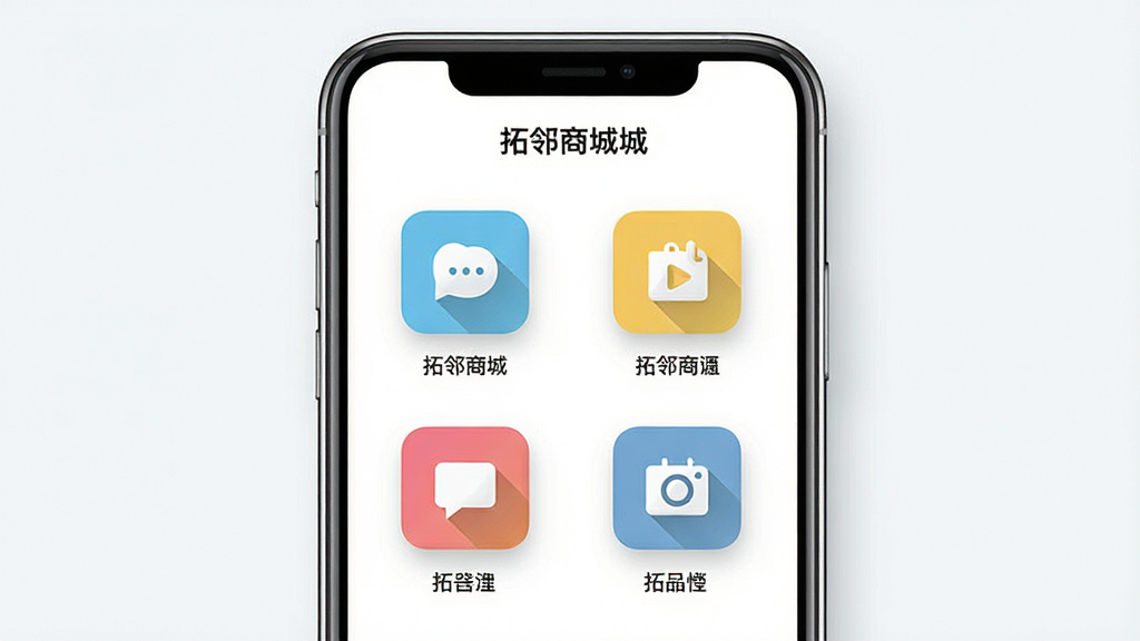一张展示“拓邻商城”商品分类页面的图片,主体为手机屏幕,屏幕内显示多个彩色分类图标和文字标签,布局为网格状排列,风格清新明亮,细节包含图标阴影和分类名称,画质清晰,干净,无多余元素