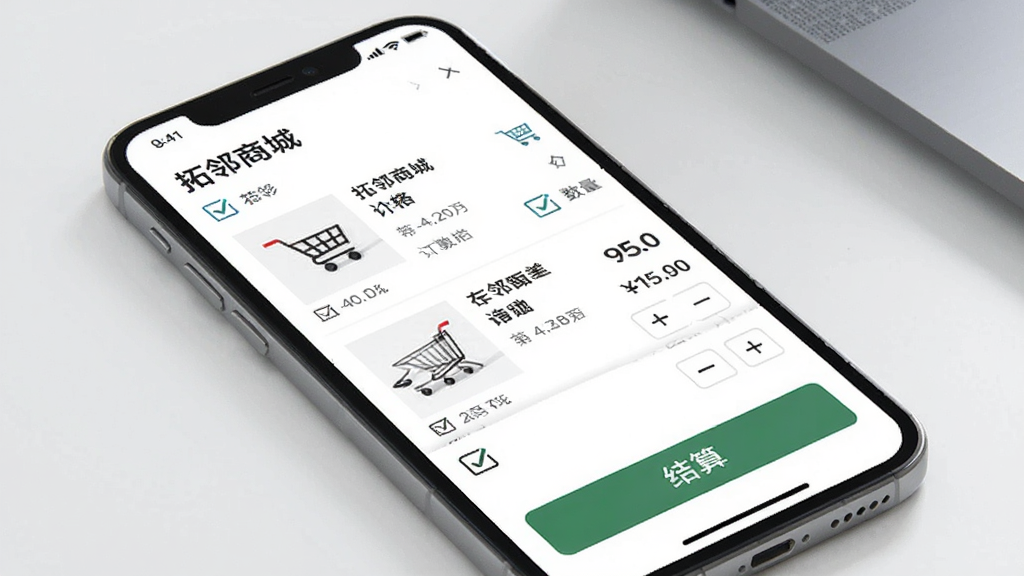 一张展示“拓邻商城”购物车与订单页面的图片,主体为手机屏幕,屏幕内显示商品列表、价格合计和结算按钮,布局为上下结构,风格简约商务,细节包含勾选框和数量加减控件,画质清晰,干净,无多余元素