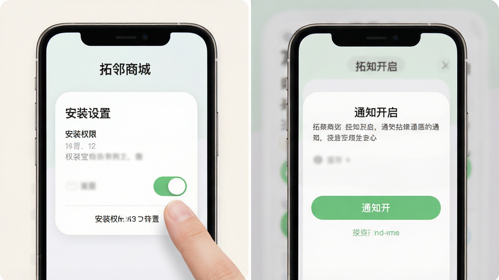 一张展示“拓邻商城”新手操作指引的图片,主体为手机屏幕和手指点击动作,屏幕内显示安装权限设置和通知开启界面,布局为左右分栏,风格柔和圆角,细节包含设置开关和提示文字,画质清晰,干净,无多余元素