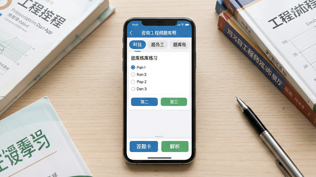 一张展示手机屏幕中运行咨询工程师题库帮App的场景图,画面中央是一部竖屏手机,屏幕内清晰显示题库练习界面,顶部有科目分类标签,中部为单选题与选项按钮,底部有答题卡与解析入口,手机周围散落几本工程类教材与一支笔,背景为浅色木质桌面,整体采用清爽的学习类App视觉风格,构图居中,光线柔和,画质清晰,干净无多余元素