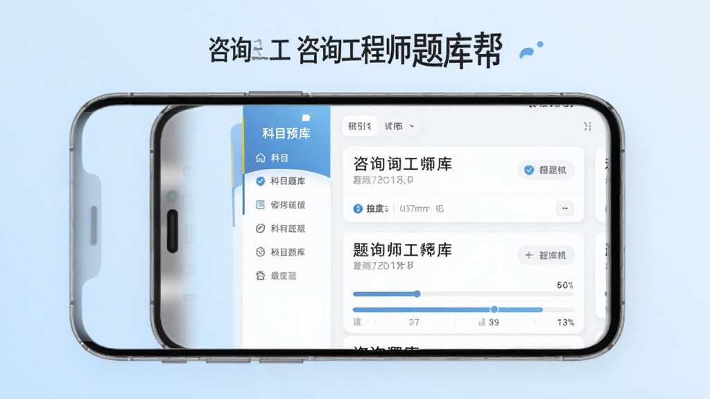 咨询工程师题库帮题库界面预览图,画面主体为一部手机,屏幕中展示分科目题库列表,左侧为科目导航栏,右侧为题目卡片与答题进度条,背景为淡蓝色渐变,画面中带有“咨询工程师题库帮”字样,风格简洁明快,布局清晰,画质干净,无多余元素