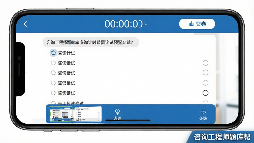 咨询工程师题库帮模拟考试界面预览图,画面中手机横屏展示考试计时界面,顶部有倒计时与交卷按钮,中部为多选题题干与选项,底部有答题卡缩略图,屏幕角落标注“咨询工程师题库帮”,整体风格严谨整洁,配色以蓝白为主,画质清晰,干净无多余元素