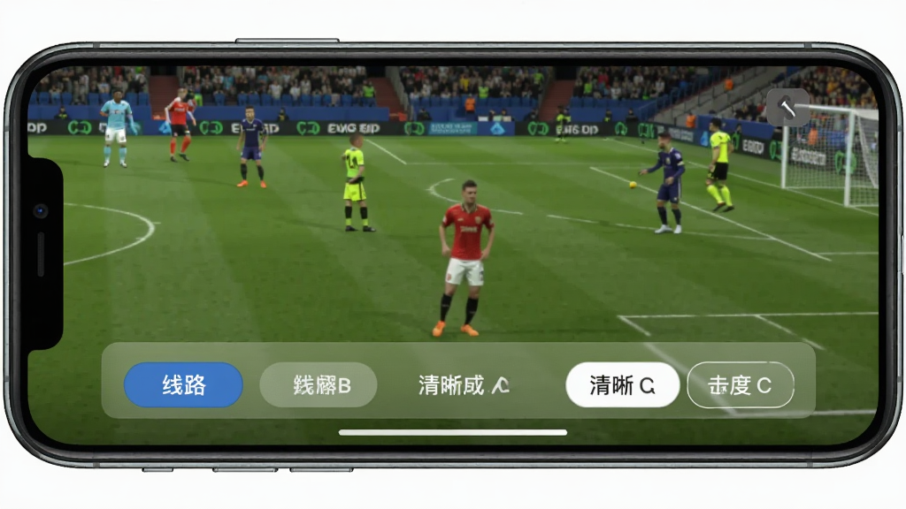 球快看播放界面多线路切换功能展示,手机横屏播放状态,画面下方显示线路切换按钮与清晰度选项,背景为正在播放的足球比赛画面,界面元素半透明悬浮,风格清爽,高清画质,无多余装饰