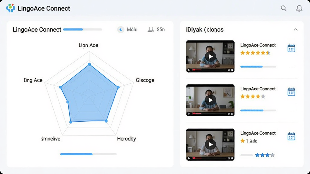 LingoAce Connect ѧϰ������γ̻طŽ��棬����Ϊ����ͼ������Ƶ����ͼ�����ֲ������½ṹ���Ű����Ϊ�״�ͼ�Ҳ�Ϊ�ط��б������Ϊ��Լ���ݿ��ӻ��磬ϸ�ڰ�����ɫ���������������֡�����ͼ�꣬���������ֱ�ע��LingoAce Connect�������ʸ��壬�ɾ����޶���Ԫ��