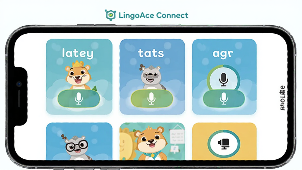 LingoAce Connect ��ǰԤϰ��κ���ϰ���棬����Ϊ�ֻ���Ļչʾ�������ʿ�Ƭ��������ť�����ֲ��ÿ�Ƭʽ�������У��Ű�ͻ��������ť�����Ϊ����ͯȤ�磬ϸ�ڰ�����ͨ�����˷�¼��ͼ�ꡢ����Բ�������������ֱ�ע��LingoAce Connect���������������ɾ����޶���Ԫ��