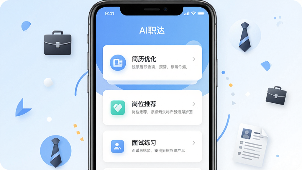 一张展示AI职达手机应用界面的整体效果图,画面中央是一部竖屏智能手机,手机屏幕上显示AI职达APP的主页面,包含简历优化、岗位推荐、面试练习三个主要功能卡片,背景为浅蓝到白色的渐变色调,周围环绕着简洁的几何图形和职业图标如公文包、领带、简历文档等元素,整体风格现代简约商务风,画面干净明亮,细节清晰,画质高清,无多余杂乱元素