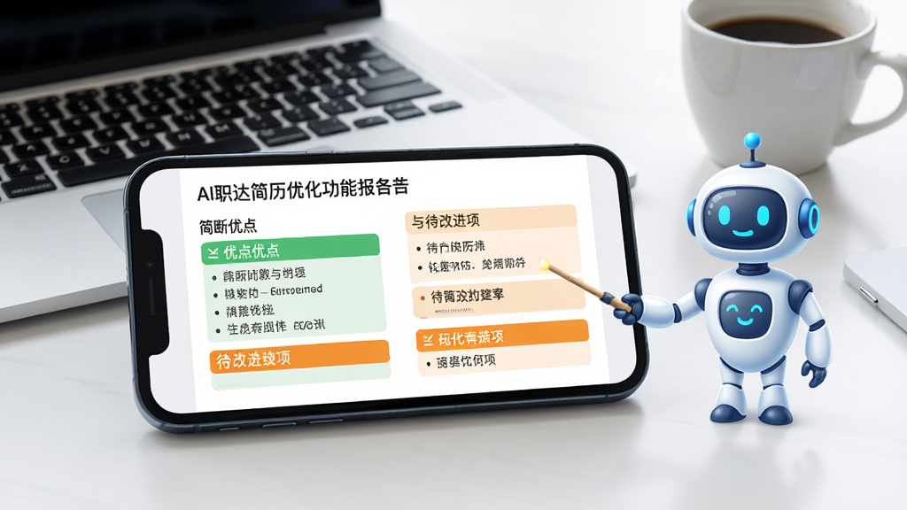 一张展示AI职达简历优化功能的界面截图风格图片,画面中一部手机横放展示简历诊断报告页面,页面上用绿色和橙色标注出简历的优点与待改进项,旁边有一个AI机器人图标正在用指示棒指向优化建议区域,背景为白色和淡灰色的办公桌面风格,桌面有笔记本电脑和咖啡杯作为点缀,整体风格清新专业,画质高清,排版整洁,无多余元素