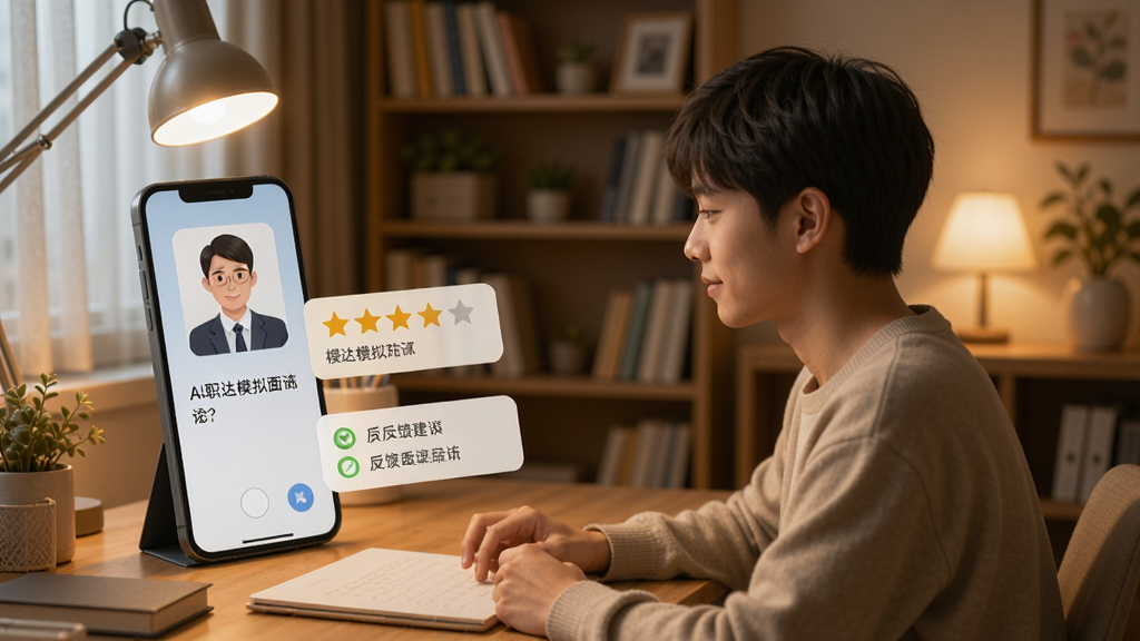一张展示AI职达模拟面试功能的场景图,画面中一位年轻人坐在书桌前对着手机进行模拟面试,手机屏幕上显示面试官头像和问题文字,旁边有评分星级和反馈建议的浮层,背景为温馨的家居书房环境,暖色调灯光,整体风格真实自然,画质高清,细节丰富,无多余元素