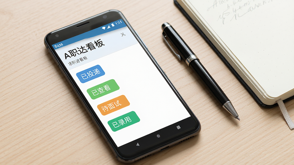 一张展示AI职达移动端操作界面的示意图,画面中一部安卓手机屏幕显示求职进度看板页面,上面有不同颜色的状态标签如已投递、已查看、待面试、已录用,手机旁边放置着一支笔和一本笔记本,背景为浅木色桌面,整体风格简洁实用,画质高清,排版清晰,无多余元素