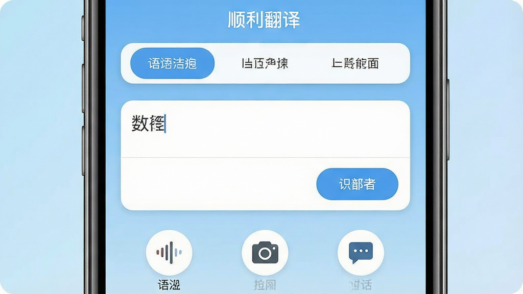 一张手机屏幕特写,画面中央是“顺利翻译”应用主界面,顶部显示语言选择栏,中间是文本输入框和翻译按钮,底部有语音、拍照、对话三个功能图标,整体布局简洁清晰,背景为浅蓝色渐变,风格现代扁平化,细节精致,画质清晰,干净无多余元素