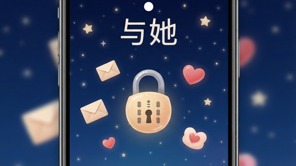 一张展示手机应用私密日记界面的图片,画面主体是「与她」APP的锁屏界面,背景是深蓝色夜空与柔和星光,界面中央有一个精致的密码锁图标,周围散落着信封和爱心元素,风格静谧温馨,画质细腻,干净简洁
