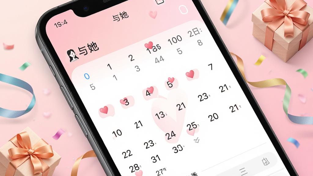 一张展示手机日历与纪念日提醒界面的图片,画面中「与她」应用显示着带有爱心标记的日期,周围有彩带和礼物盒装饰,背景是柔和的粉色渐变,风格甜美清新,画质清晰,无杂乱元素