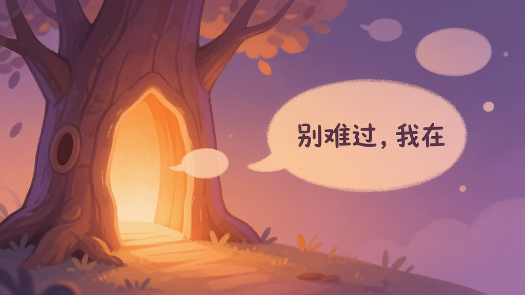 一张表现情绪倾诉与温暖回应的概念图,画面左侧是一个发光的树洞形状,右侧飘出带有文字的气泡,气泡中写着“别难过,我在”,整体色调为温暖的橙色与紫色交织,风格治愈系插画,画质柔和,干净无多余元素