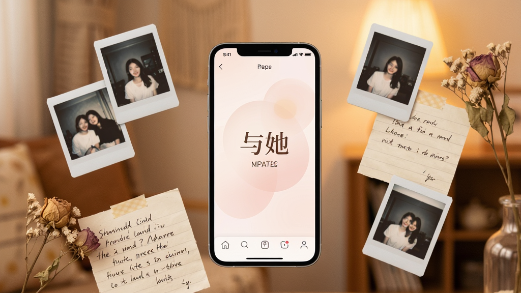一张展现温馨情感记录场景的图片,画面中央是一部智能手机,屏幕显示着「与她」应用的柔和界面,周围环绕着飘浮的拍立得照片、手写便签和干花装饰,背景是暖色调的室内环境,采用柔光摄影风格,细节丰富,画质清晰,干净无多余元素