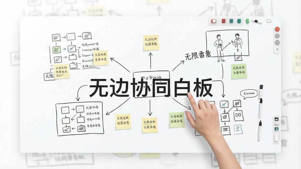 一张展示无边协同白板无限画布功能的图片,画面主体是一块向四周无限延伸的白色画布,画布上错落有致地分布着手绘草图、文字便签和连接线,用户正用双指缩放画布,画面边缘呈现淡出效果以暗示无限延展,布局采用俯视视角,风格清新简约,画质高清,干净无多余元素,画面中标注文字“无边协同白板”