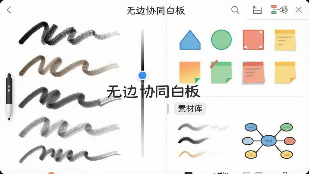 一张展示无边协同白板画笔与素材库的图片,画面左侧展示多种笔刷样式的笔迹效果,右侧展示几何图形、便签、思维导图等素材图标,布局采用左右分栏,风格简洁明快,细节包括笔刷粗细调节滑块和素材分类标签,画质清晰,干净无多余元素,画面中标注文字“无边协同白板”
