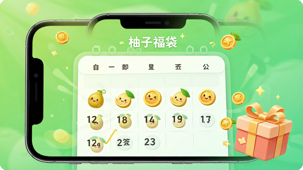手机界面展示“柚子福袋”签到页面,日历上标记了已签到的日期,旁边有柚子币和礼盒动画,背景为清新的绿色渐变,风格活泼可爱,构图居中,画质高清,干净无杂物