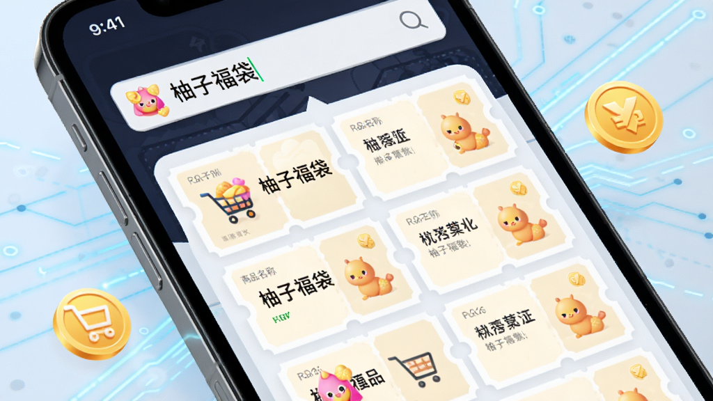 手机屏幕特写,显示“柚子福袋”搜索框内输入商品名称后弹出多张优惠券列表,旁边有购物车和金币图标,背景为淡蓝色科技感线条,风格简洁商务,细节清晰,画质干净,无多余元素